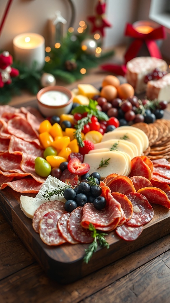 A festive charcuterie board with meats, cheeses, fruits, and nuts, decorated with herbs, on a wooden table.